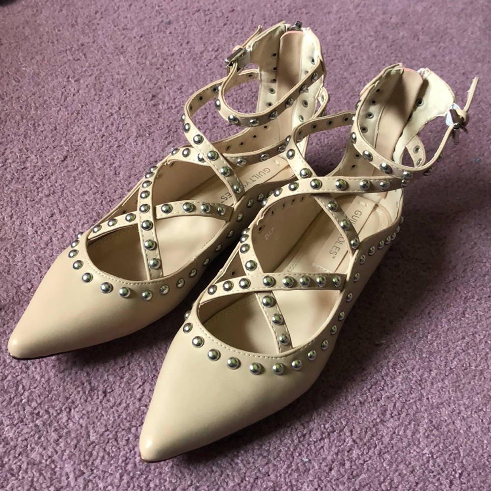 New Guilty Soles Nude Studded Buckle Lace Up Flats